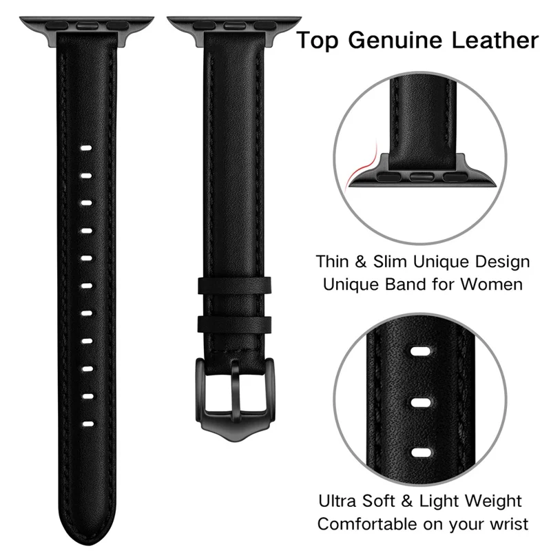 Bulk Purchasing Genuine Cow Leather Watch Strap for Apple Watch Series 10 Ultra 9 8 7 SE 6 5 4 3 2 1 46mm 49mm 45mm 44mm 42mm - Black+Black Buckle