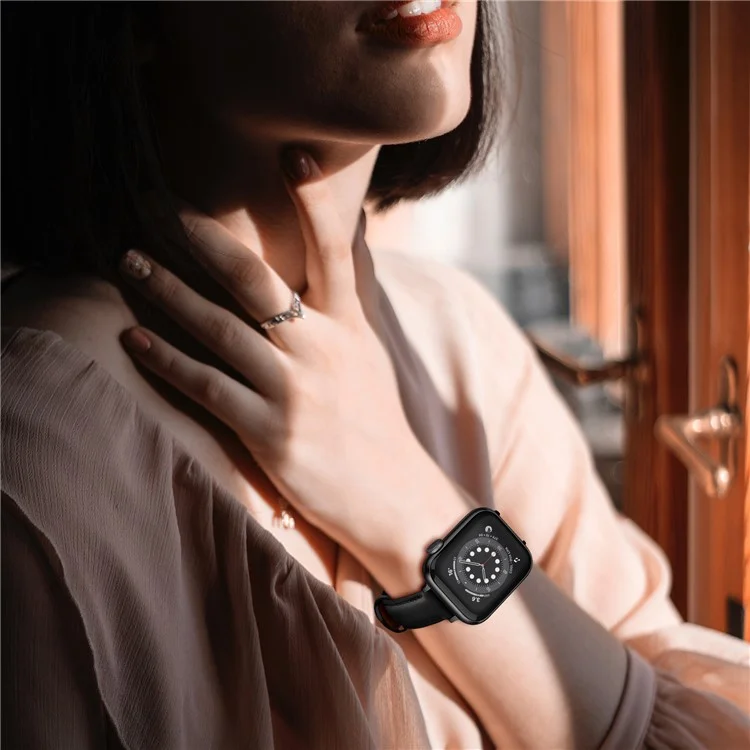 Bulk Purchasing Genuine Cow Leather Watch Strap for Apple Watch Series 10 Ultra 9 8 7 SE 6 5 4 3 2 1 46mm 49mm 45mm 44mm 42mm - Black+Black Buckle