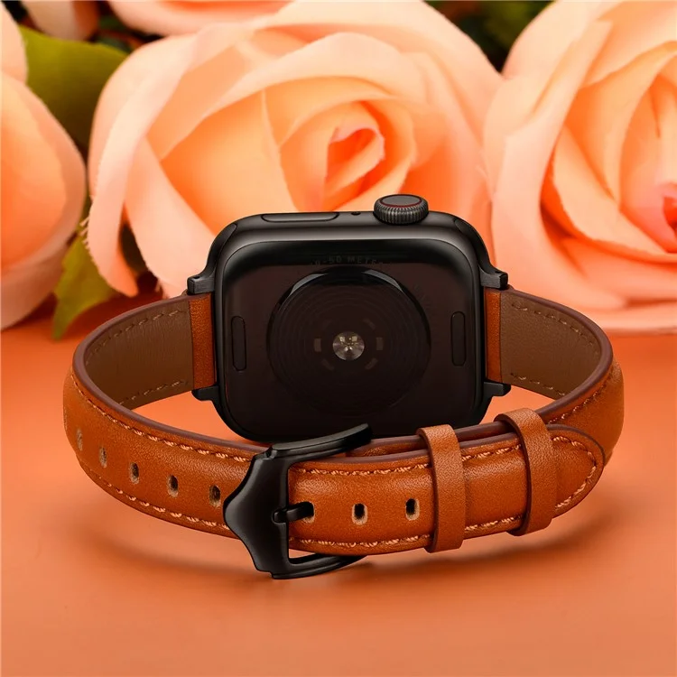 Massenkauf - Echtes Kuhlederbandgurt für Apple Watch Series 10 9 8 7 SE 6 5 4 3 2 1 42mm 41mm 40mm 38mm - Braun+Schwarze Schnalle
