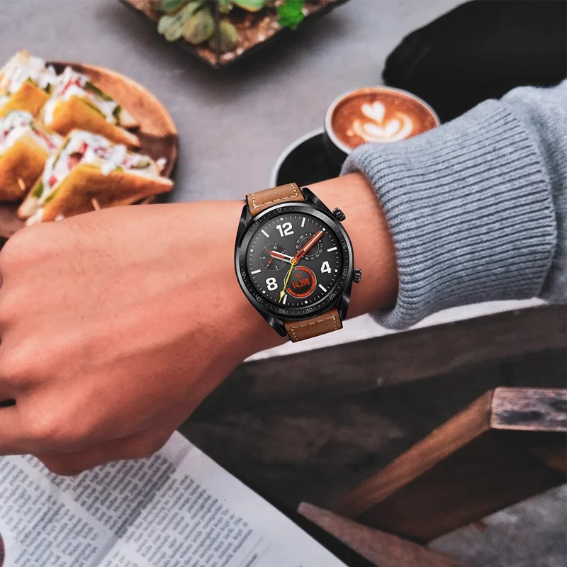 Compra en volumen de 22 mm Correa de reloj de cuero con conector plano para Huawei Watch GT5 Pro / Samsung Galaxy Watch3 / Amazfit GTR 4 - Marrón oscuro