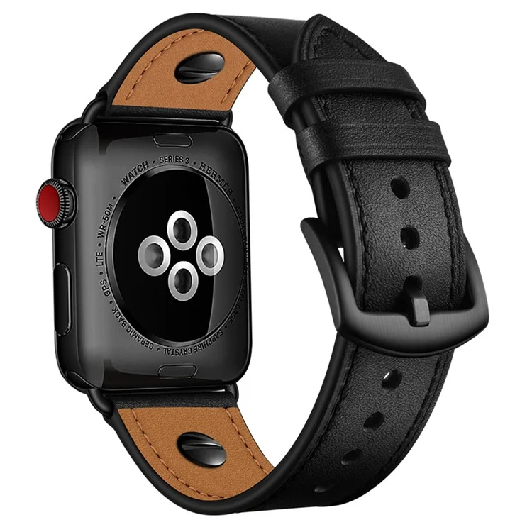 Massenkauf Armband für Apple Watch Series 10 9 8 7 SE 6 5 4 3 2 1 42mm 41mm 40mm 38mm echtes Rindsleder Riemen Nieten Dekor - Schwarz