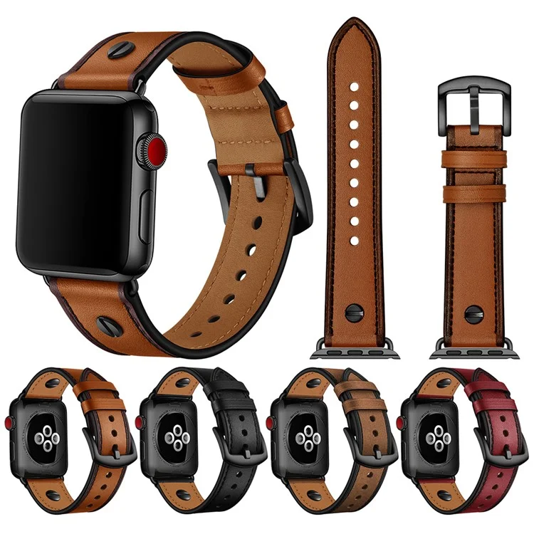 Massenkauf Armband für Apple Watch Series 10 9 8 7 SE 6 5 4 3 2 1 42mm 41mm 40mm 38mm echtes Rindsleder Riemen Nieten Dekor - Schwarz