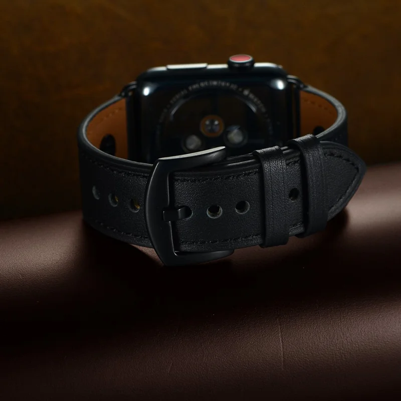 Compra a granel Correa de cuero de vaca para Apple Watch Series 10 Ultra 9 8 7 SE 6 5 4 3 2 1 de 46mm, 49mm, 45mm, 44mm, 44mm - Negro