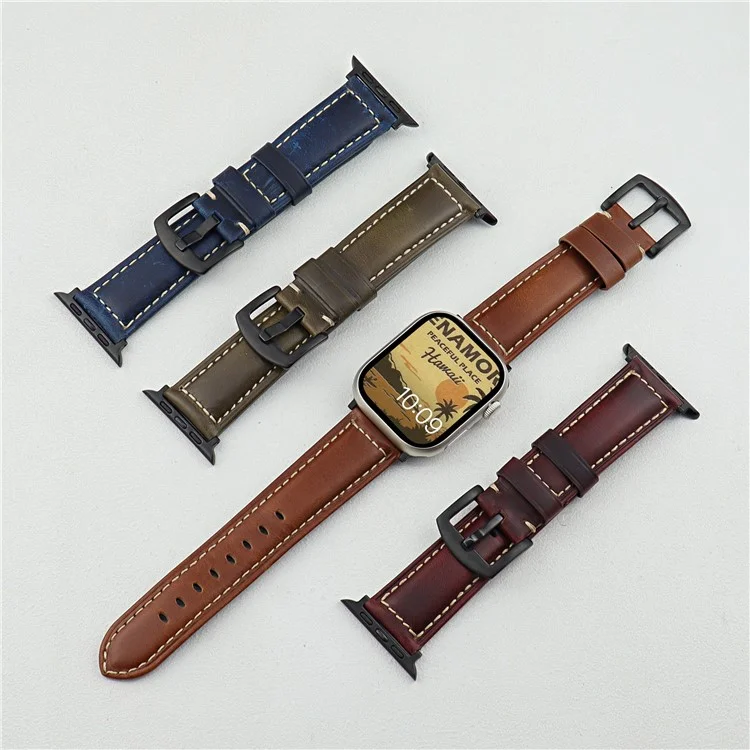 Bracelet de montre pour Apple Watch Series 10 Ultra 9 8 7 SE 6 5 4 3 2 1 46 mm 49 mm 45 mm 44 mm 42 mm - Bracelet en cuir de vache véritable - Brun