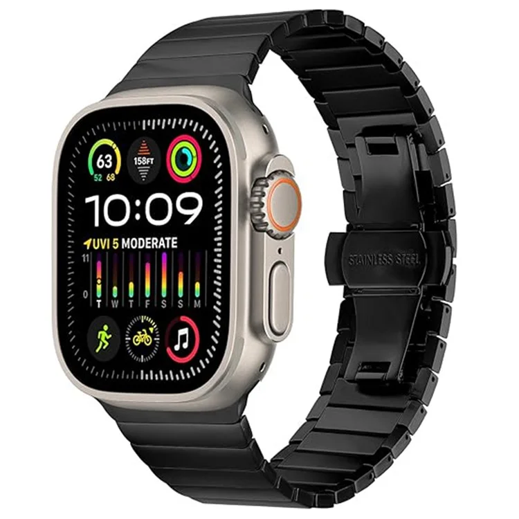 Watch Band For Apple Watch Series 10 Ultra 9 8 7 SE 6 5 4 3 2 1 46mm 49mm 45mm 44mm 42mm 1-Bead Bamboo Link Stainless Steel Strap - Black