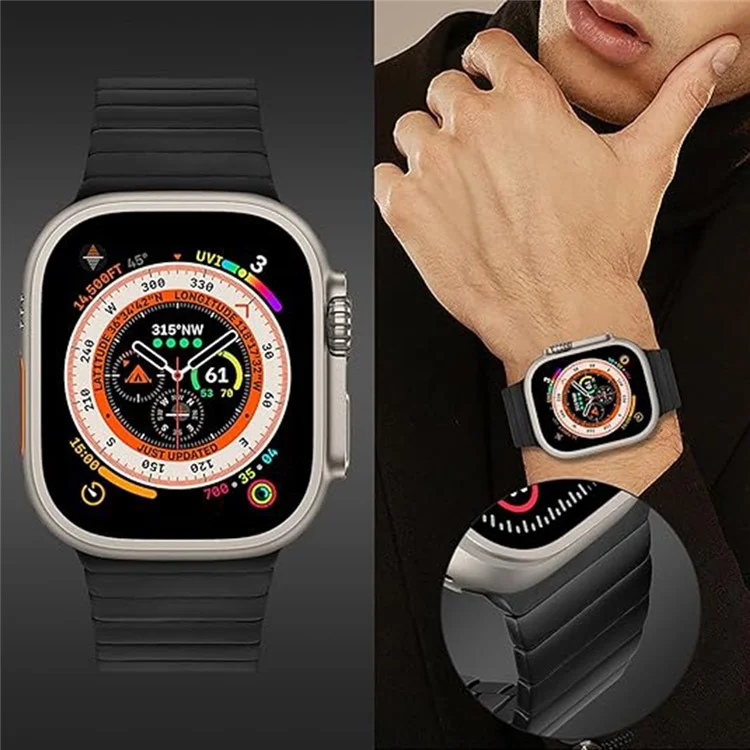 Watch Band For Apple Watch Series 10 Ultra 9 8 7 SE 6 5 4 3 2 1 46mm 49mm 45mm 44mm 42mm 1-Bead Bamboo Link Stainless Steel Strap - Black