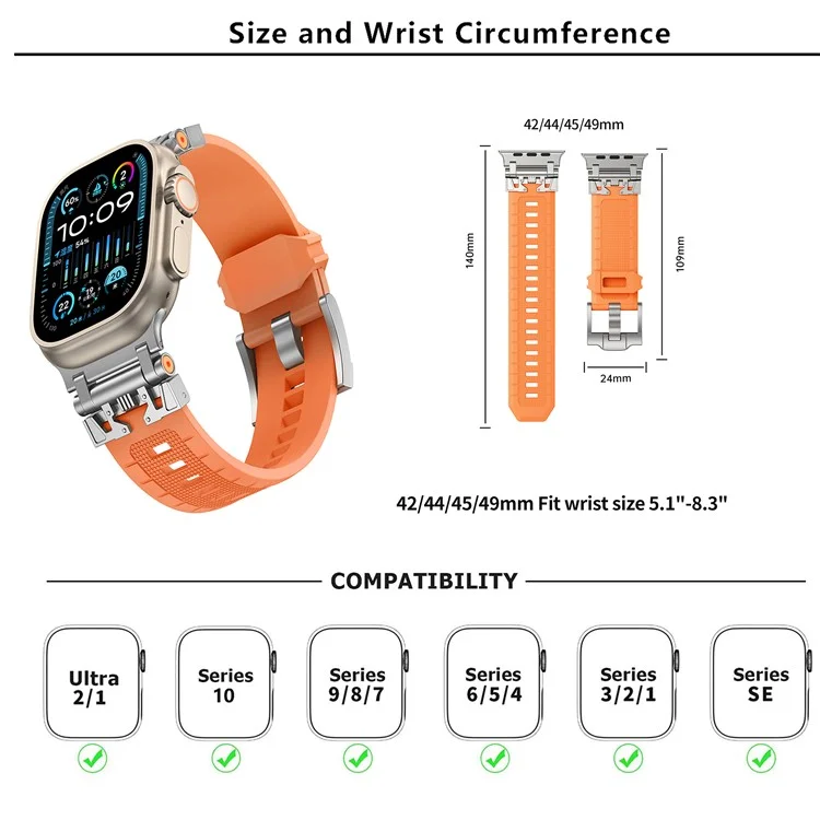 Cinturino in TPU Armor KALEBOL per Apple Watch Series 10 Ultra 9 8 7 SE 6 5 4 3 2 1 da 46 mm, 49 mm, 45 mm, 44 mm, 42 mm - Argento+Arancione