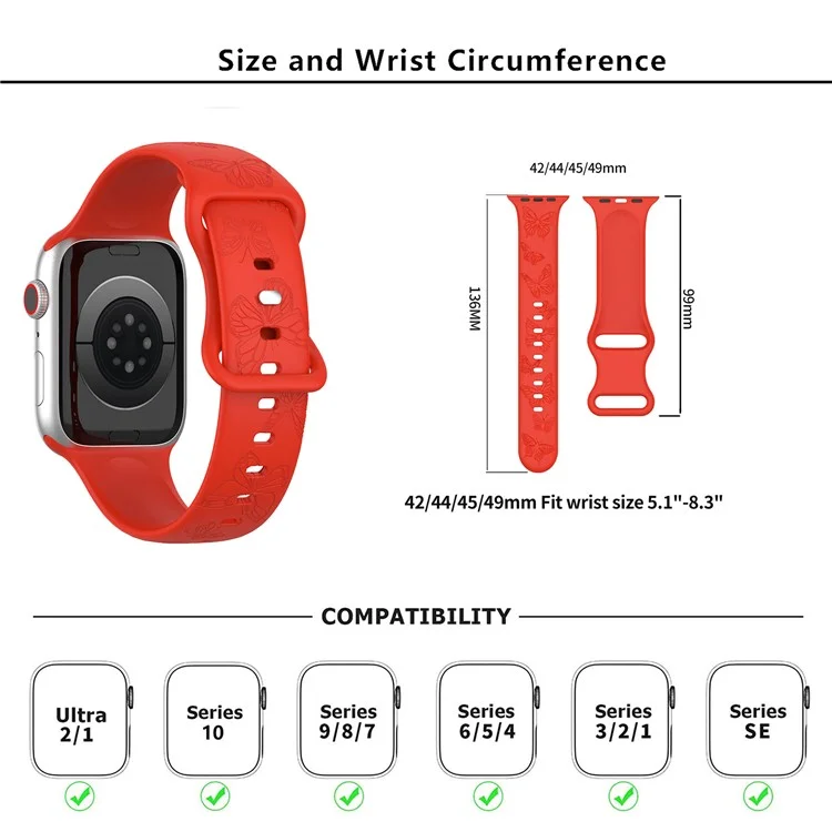 КАЛЕДОЛ ремешок для часов с рисунком бабочки для Apple Watch Series 10 Ultra 9 8 7 SE 6 5 4 3 2 1 46мм 49мм 45мм 44мм 42мм - Красный