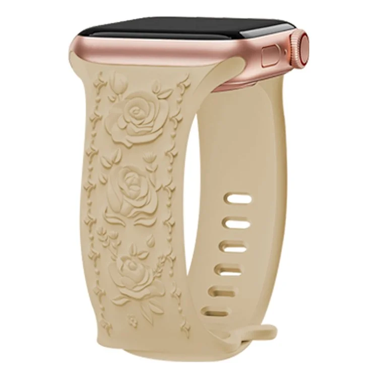Ремешок для часов Apple Watch Series 10 Ultra 9 8 7 SE 6 5 4 3 2 1 46 мм 49 мм 45 мм 44 мм 42 мм KALEBOL с тиснением в форме розы - молочный чай