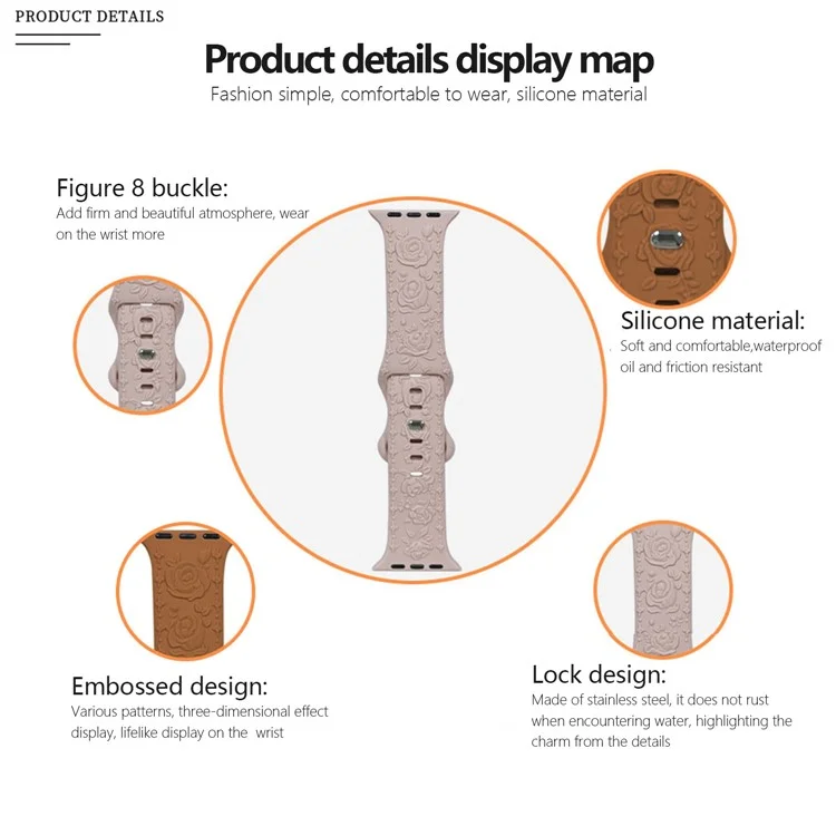 Ремешок для часов Apple Watch Series 10 Ultra 9 8 7 SE 6 5 4 3 2 1 46 мм 49 мм 45 мм 44 мм 42 мм KALEBOL с тиснением в форме розы - молочный чай