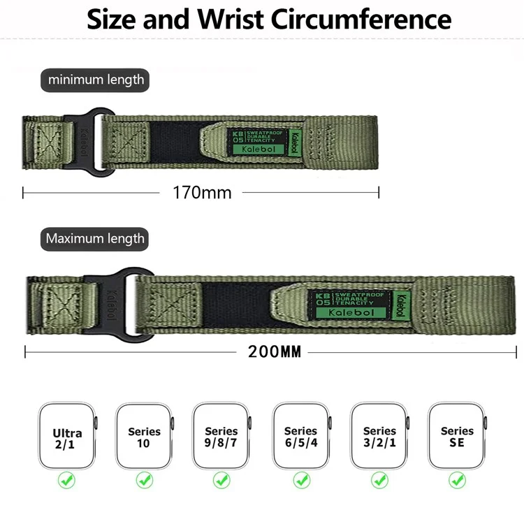 Bracelet de montre KALEBOL pour Apple Watch Series 10 Ultra 9 8 7 SE 6 5 4 3 2 1 46mm 49mm 45mm 44mm 42mm avec bande velcro - Noir