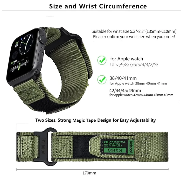 Bracelet de montre KALEBOL pour Apple Watch Series 10 Ultra 9 8 7 SE 6 5 4 3 2 1 46mm 49mm 45mm 44mm 42mm avec bande velcro - Noir