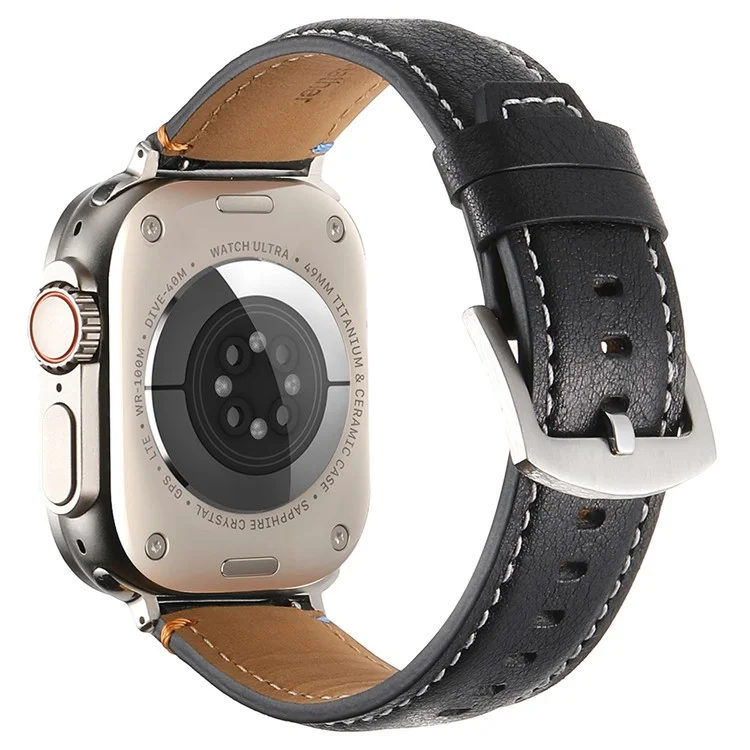 Correa de reloj de cuero de vaca genuino KALEBOL para Apple Watch Series 10 9 8 7 SE 6 5 4 3 2 1 de 42mm, 41mm, 40mm y 38mm - Textura de caballo loco negra