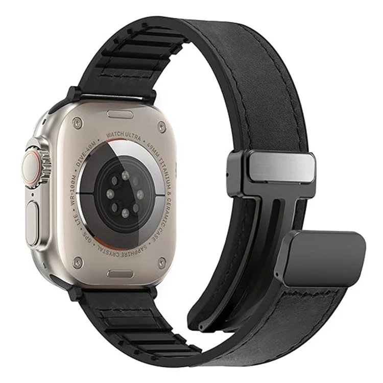 Магнитный ремешок для часов KALEBOL для Apple Watch Series 10 Ultra 9 8 7 SE 6 5 4 3 2 1 46 мм 49 мм 45 мм 44 мм 42 мм, кожа + силикон - черный