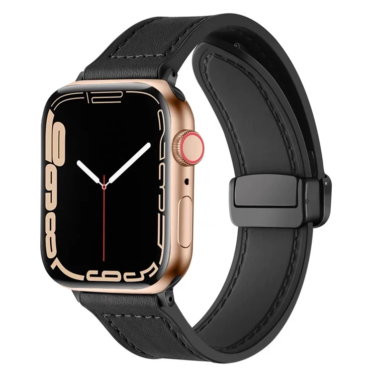 Магнитный ремешок для часов KALEBOL для Apple Watch Series 10 Ultra 9 8 7 SE 6 5 4 3 2 1 46 мм 49 мм 45 мм 44 мм 42 мм, кожа + силикон - черный