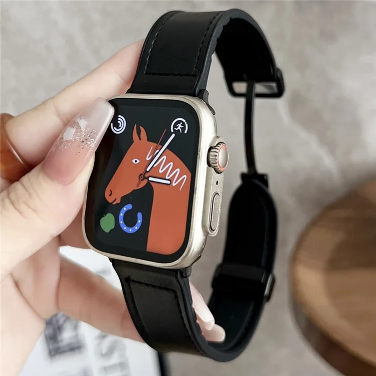 Магнитный ремешок для часов KALEBOL для Apple Watch Series 10 Ultra 9 8 7 SE 6 5 4 3 2 1 46 мм 49 мм 45 мм 44 мм 42 мм, кожа + силикон - черный
