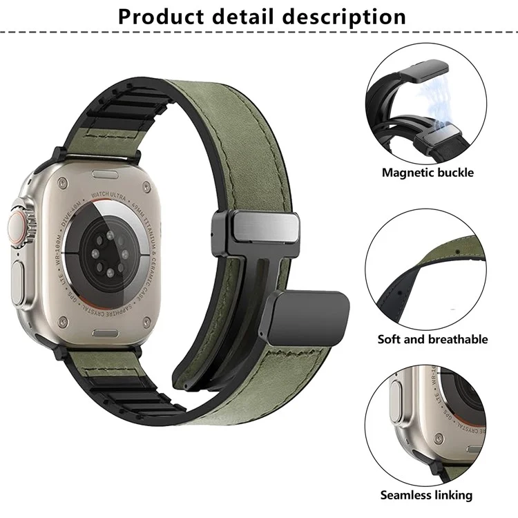 Магнитный ремешок для часов KALEBOL для Apple Watch Series 10 Ultra 9 8 7 SE 6 5 4 3 2 1 46 мм 49 мм 45 мм 44 мм 42 мм, кожа + силикон - черный