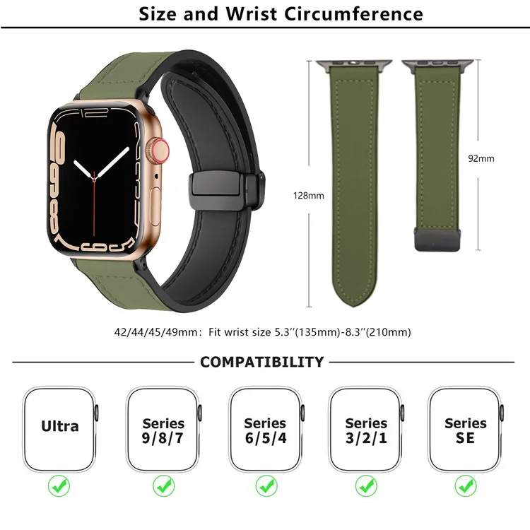 Магнитный ремешок для часов KALEBOL для Apple Watch Series 10 Ultra 9 8 7 SE 6 5 4 3 2 1 46 мм 49 мм 45 мм 44 мм 42 мм, кожа + силикон - черный