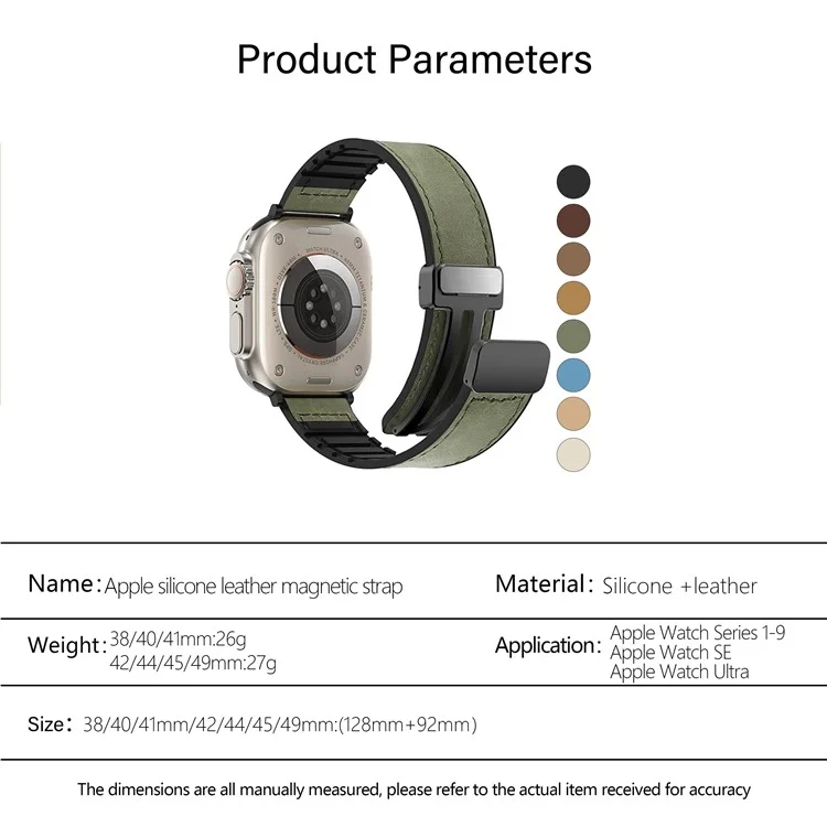 Магнитный ремешок для часов KALEBOL для Apple Watch Series 10 Ultra 9 8 7 SE 6 5 4 3 2 1 46 мм 49 мм 45 мм 44 мм 42 мм, кожа + силикон - черный