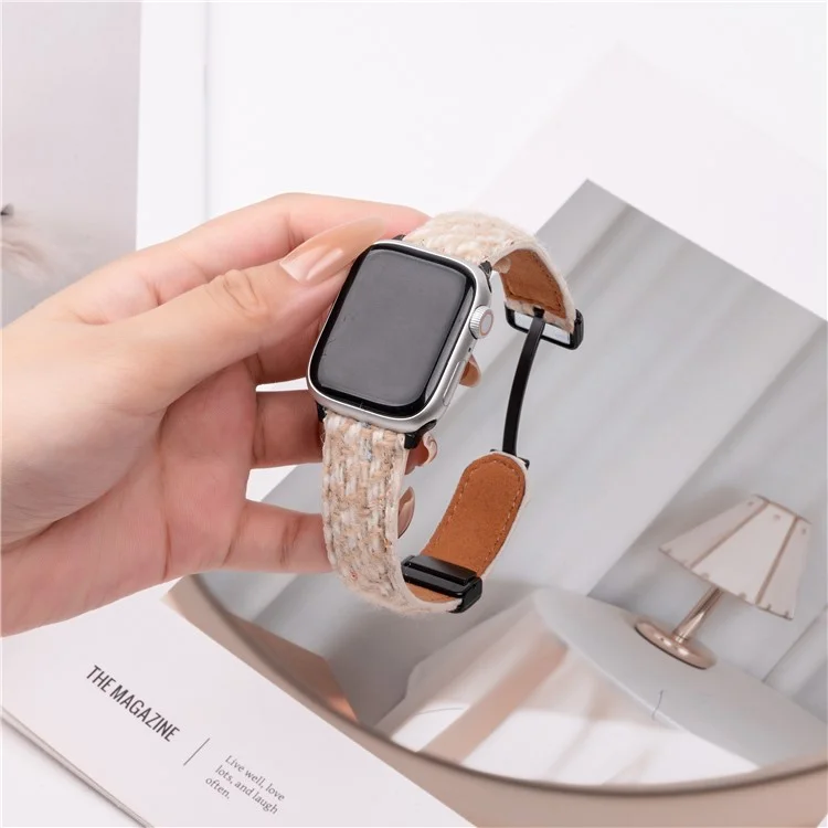 Cinturino in vera pelle di mucca e lana per Apple Watch Serie 10 9 8 7 SE 6 5 4 3 2 1 da 42mm 41mm 40mm 38mm - Giallo