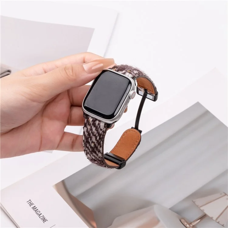 Genuine Cow Leather+Wool Watch Band for Apple Watch Series 10 9 8 7 SE 6 5 4 3 2 1 42mm 41mm 40mm 38mm Wrist Strap - Coffee