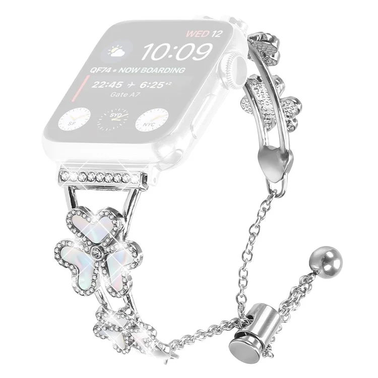 Bracelet métallique pour Apple Watch Series 10 Ultra 9 8 7 SE 6 5 4 3 2 1 46mm 49mm 45mm 44mm 42mm Décoration trèfle coeur Bracelet de montre - Argent