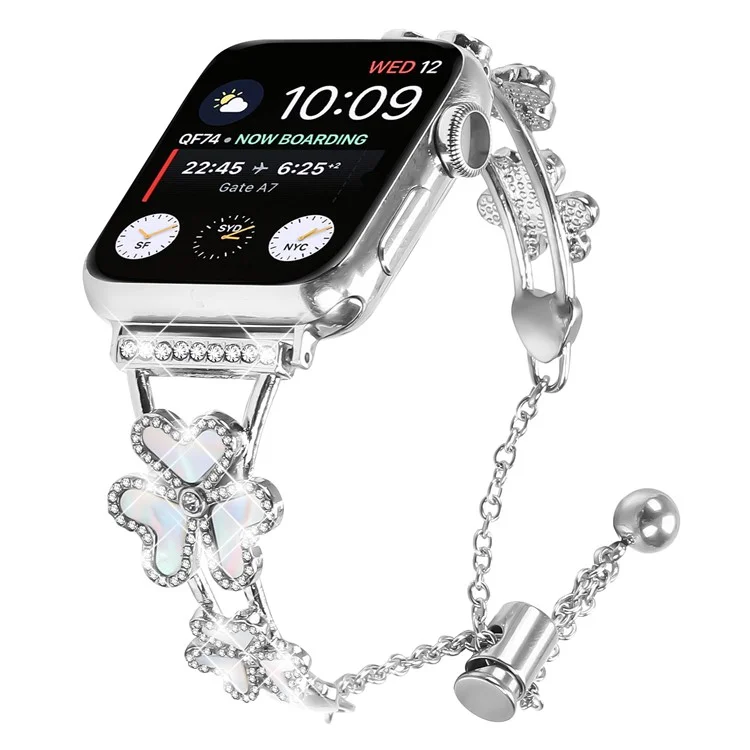 Bracelet métallique pour Apple Watch Series 10 Ultra 9 8 7 SE 6 5 4 3 2 1 46mm 49mm 45mm 44mm 42mm Décoration trèfle coeur Bracelet de montre - Argent