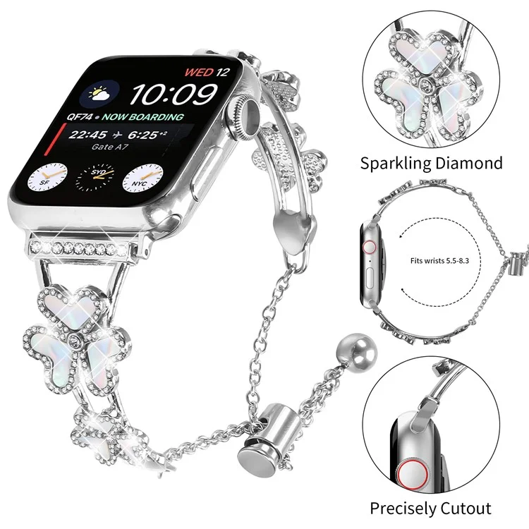 Bracelet métallique pour Apple Watch Series 10 Ultra 9 8 7 SE 6 5 4 3 2 1 46mm 49mm 45mm 44mm 42mm Décoration trèfle coeur Bracelet de montre - Argent