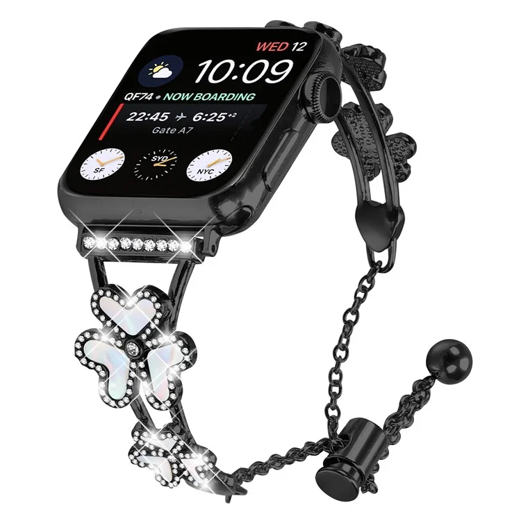 Bracelet en métal avec décoration de trèfle en forme de cœur pour Apple Watch Series 10 Ultra 9 8 7 SE 6 5 4 3 2 1 46 mm 49 mm 45 mm 44 mm 40 mm - Noir