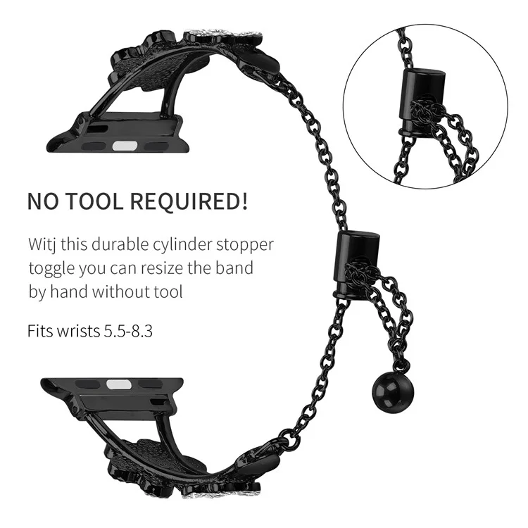 Bracelet en métal avec décoration de trèfle en forme de cœur pour Apple Watch Series 10 Ultra 9 8 7 SE 6 5 4 3 2 1 46 mm 49 mm 45 mm 44 mm 40 mm - Noir
