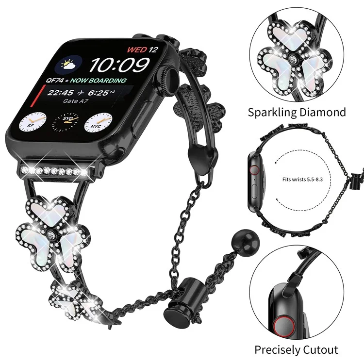 Bracelet en métal avec décoration de trèfle en forme de cœur pour Apple Watch Series 10 Ultra 9 8 7 SE 6 5 4 3 2 1 46 mm 49 mm 45 mm 44 mm 40 mm - Noir