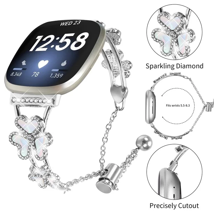 Metal Band For Fitbit Versa 3  /  Sense Heart Clover Decor Watch Strap Replacement - Silver