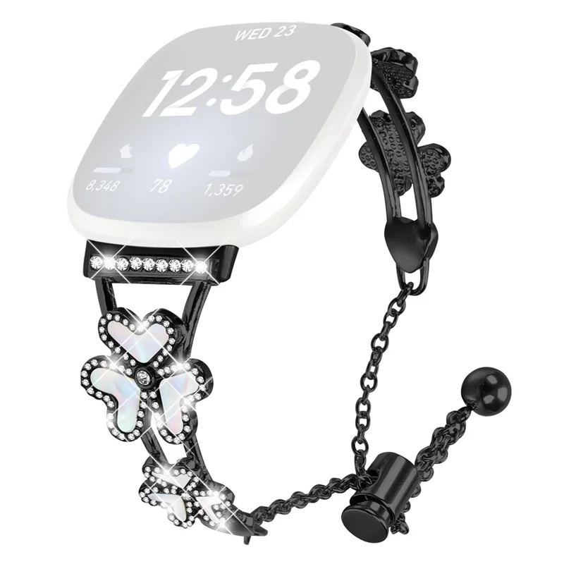 Metal Band Heart Clover Decor For Fitbit Versa 4  /  Sense 2 Watch Bracelet Replacement - Black