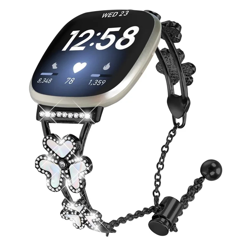 Metal Band Heart Clover Decor For Fitbit Versa 4  /  Sense 2 Watch Bracelet Replacement - Black