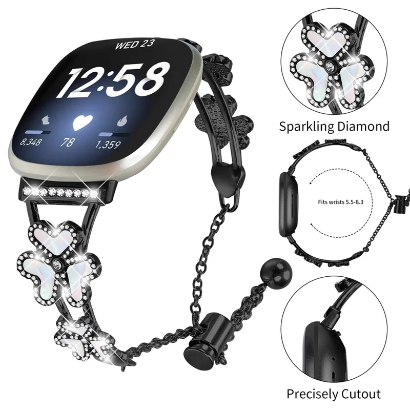 Metal Band Heart Clover Decor For Fitbit Versa 4  /  Sense 2 Watch Bracelet Replacement - Black
