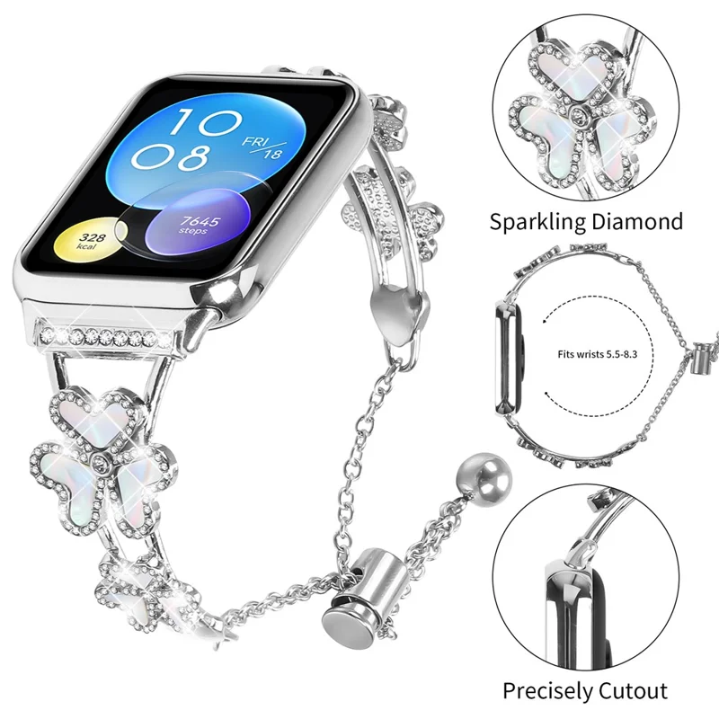 Metal Band For Xiaomi Smart Band 8 Pro Heart Clover Decor Watch Strap Replacement - Silver