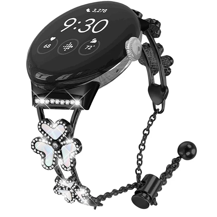 Bracelet en métal avec décoration trèfle à cœur pour Google Pixel Watch 3 41 mm / Pixel Watch 2 / Pixel Watch - Remplacement de bracelet de montre - Noir