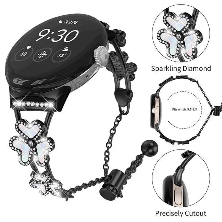 Bracelet en métal avec décoration trèfle à cœur pour Google Pixel Watch 3 41 mm / Pixel Watch 2 / Pixel Watch - Remplacement de bracelet de montre - Noir