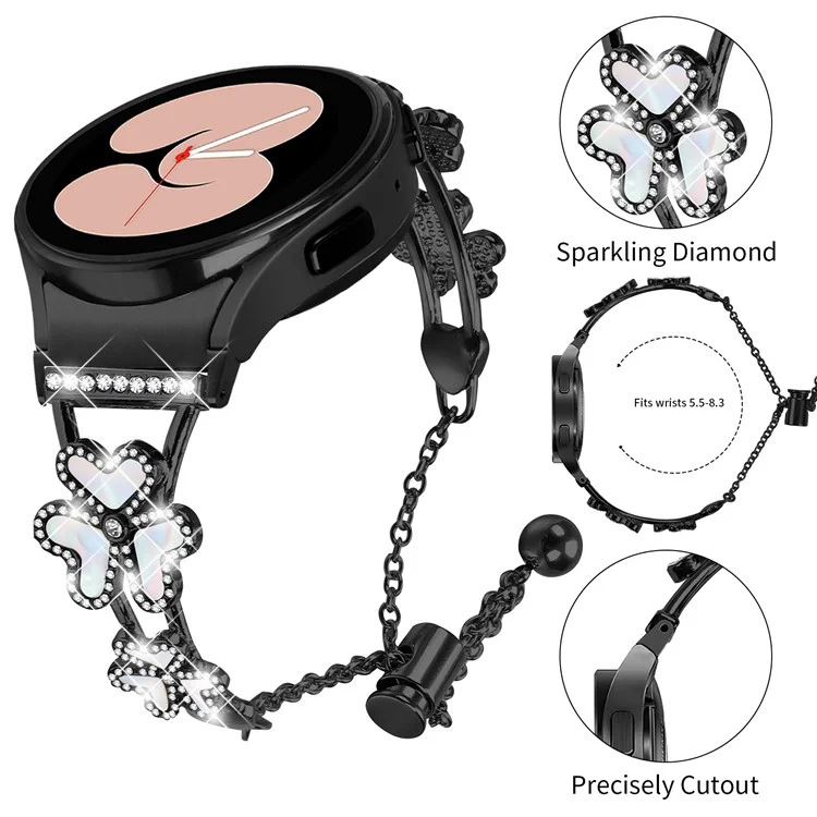 Pulseira de metal com conector para Samsung Galaxy Watch5 / Watch4 40 / 42 / 44 / 45 / 46mm Decoração de trevo de coração - Preto