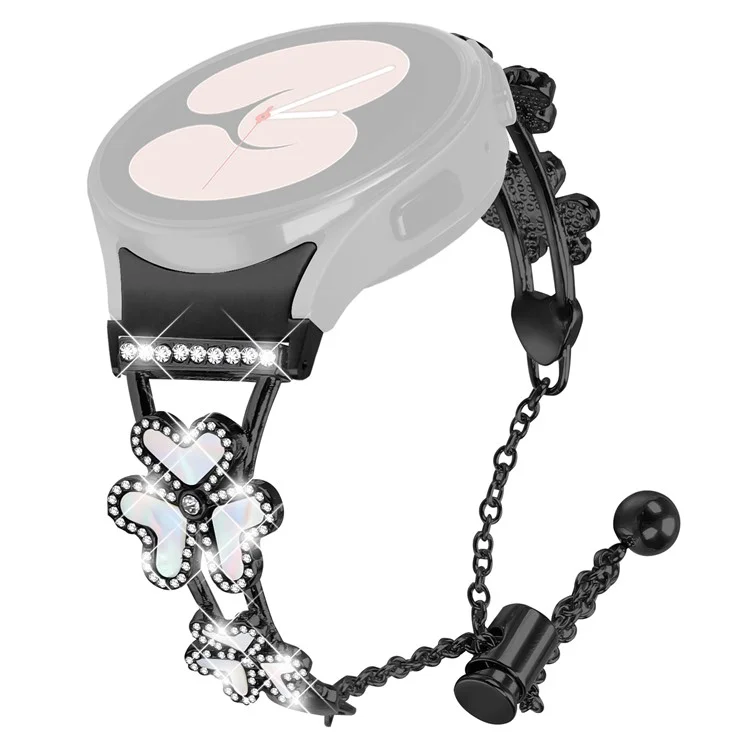 Pulseira de metal com conector de liberação rápida para Samsung Galaxy Watch7 44mm / 40mm Decoração de trevo do coração Pulseira de relógio - Preto