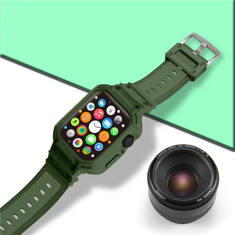 Pulseira para Apple Watch Series 10 42mm, com caixa de relógio integrada, feita de TPU macio - Verde Exército