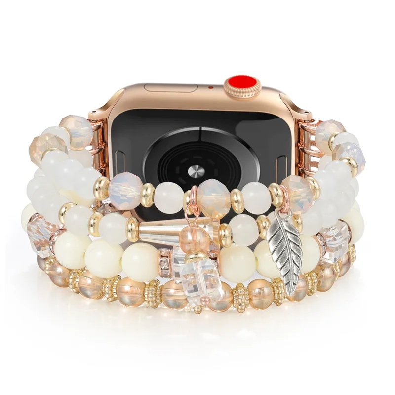 Beaded Bracelet For Apple Watch Series 10 9 8 7 SE 6 5 4 3 2 1 42mm 41mm 40mm 38mm Replacement Watch Band - White