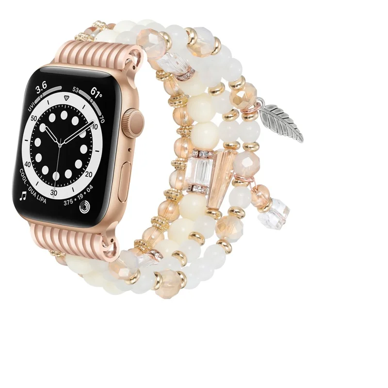 Beaded Bracelet For Apple Watch Series 10 9 8 7 SE 6 5 4 3 2 1 42mm 41mm 40mm 38mm Replacement Watch Band - White