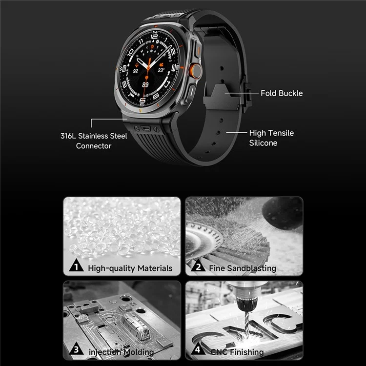 Для часов Samsung Galaxy Watch Ultra 47 мм, силиконовый ремешок, черный соединитель, черная пряжка - черный