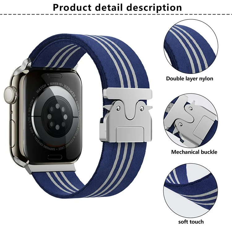 Нейлоновый ремешок для часов KALEBOL для Apple Watch Series 10 9 8 7 SE 6 5 4 3 2 1 42 мм 41 мм 40 мм 38 мм, с пряжкой парашютного типа - Синий+Белый / Три полосы