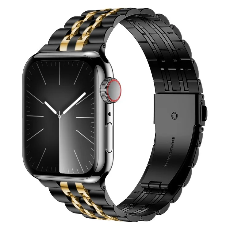 KALEBOL Stainless Steel Watch Band for Apple Watch Series 10 9 8 7 SE 6 5 4 3 2 1 42mm 41mm 40mm 38mm Butterfly Buckle Strap - Black+Gold