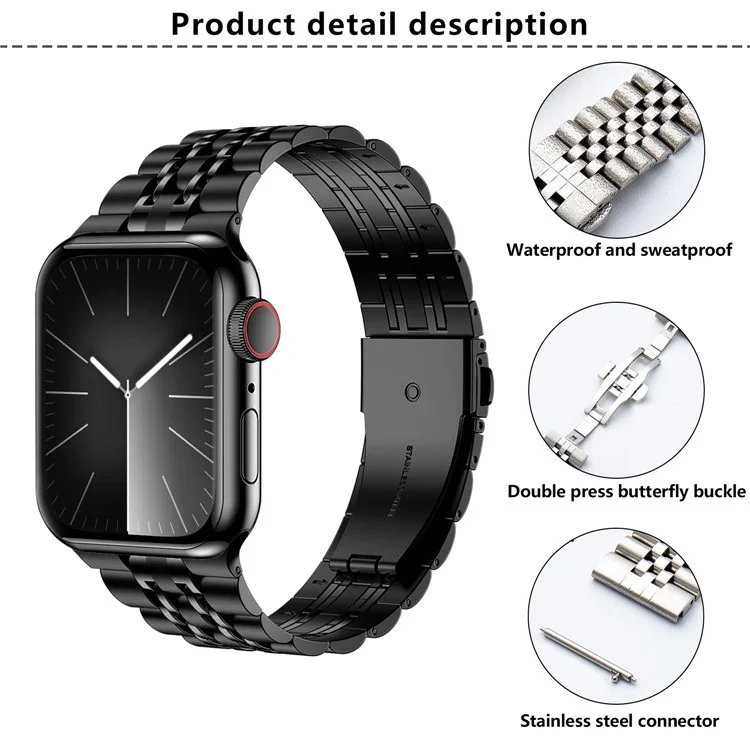 Bracelet en acier inoxydable KALEBOL pour Apple Watch Series 10 Ultra 9 8 7 SE 6 5 4 3 2 1 46mm 49mm 45mm 44mm 42mm, boucle papillon - Noir