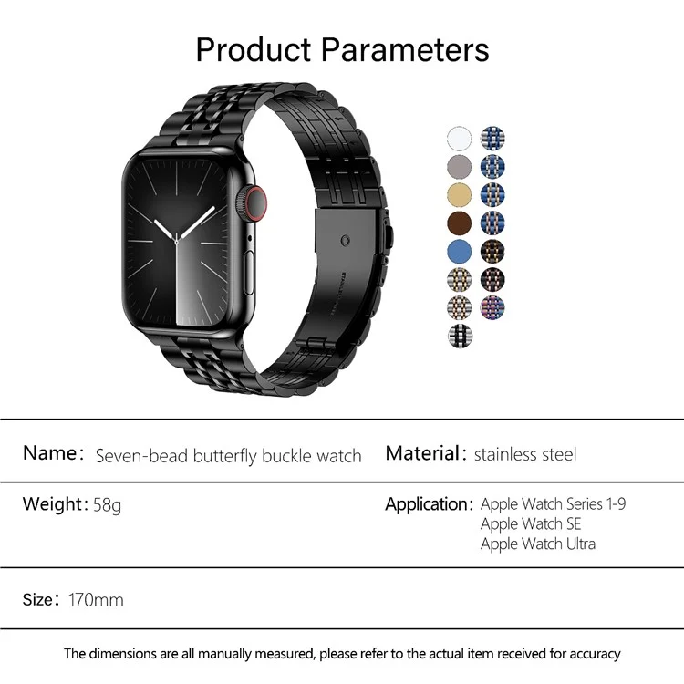 Bracelet en acier inoxydable KALEBOL pour Apple Watch Series 10 Ultra 9 8 7 SE 6 5 4 3 2 1 46mm 49mm 45mm 44mm 42mm, boucle papillon - Noir