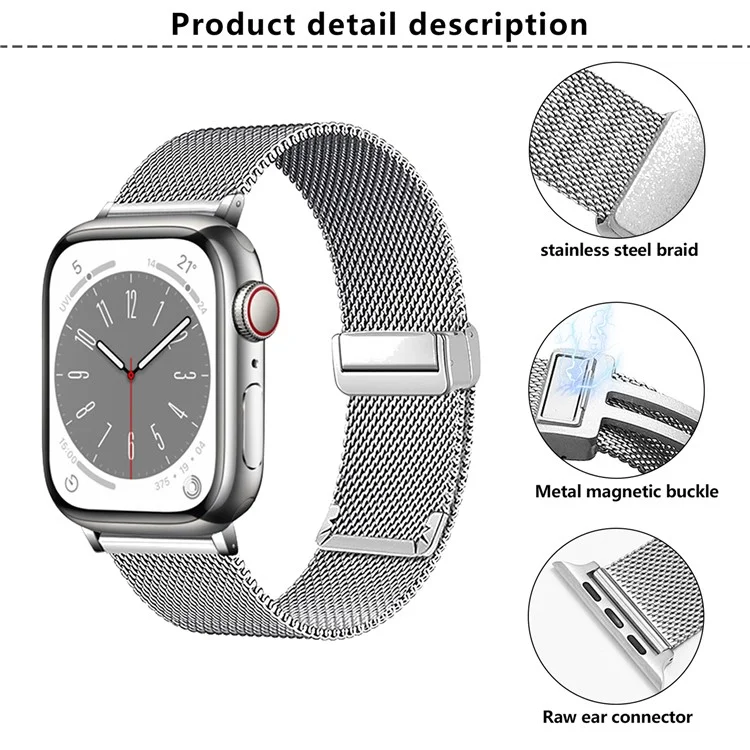 Cinturino per orologio con fibbia magnetica KALEBOL per Apple Watch Series 10 Ultra 9 8 7 SE 6 5 4 3 2 1 da 46 mm, 49 mm, 45 mm, 44 mm, 42 mm in acciaio inossidabile - Argento