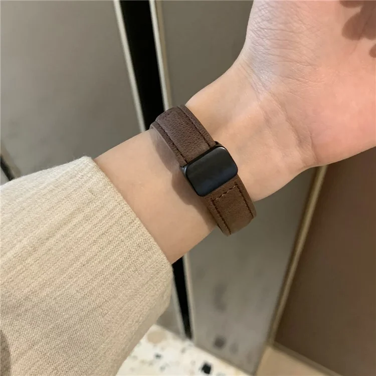 Cinturino in pelle per Apple Watch Serie 10 9 8 7 SE 6 5 4 3 2 1 da 42mm 41mm 40mm 38mm - Disegno gatto cartone animato - Marrone scuro